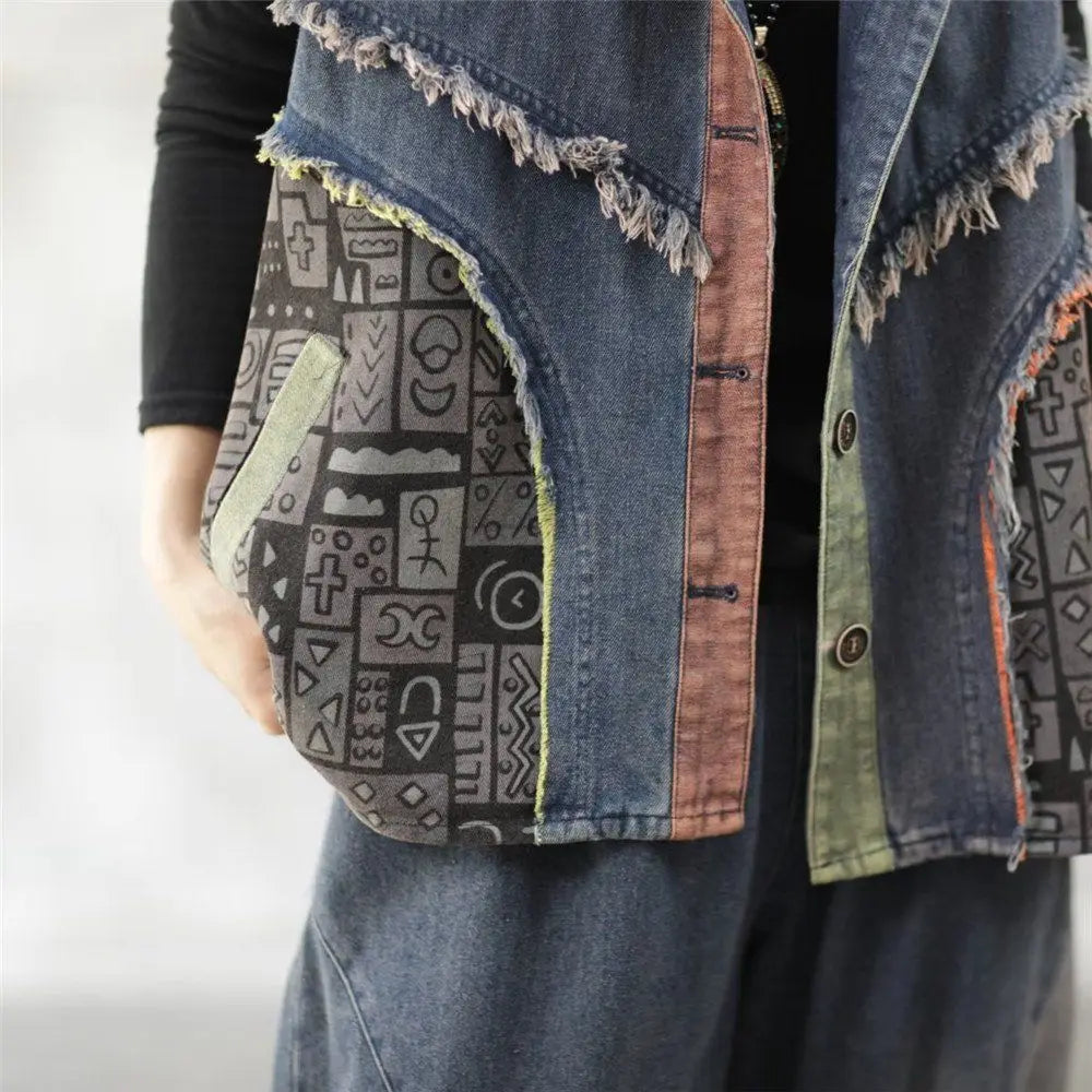 Print Patchwork Single Breasted Denim Vest Jacket - Palm and Thread