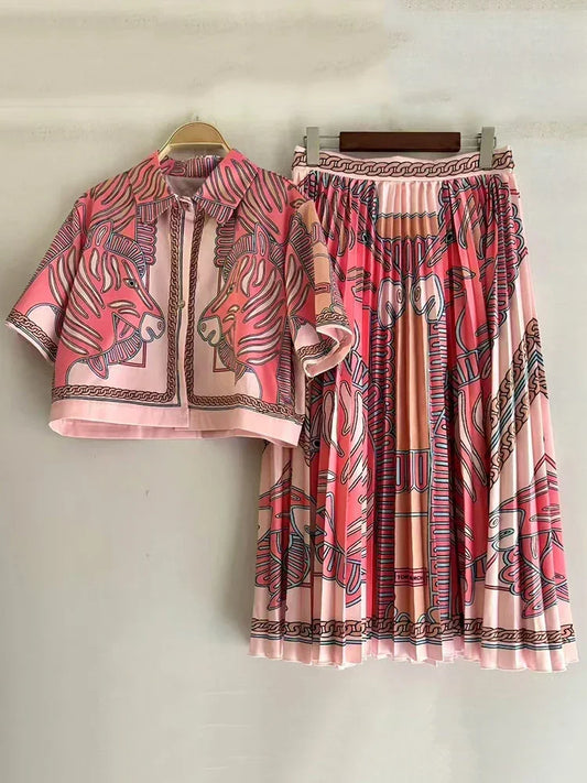 retro geometric print lapel shirt +SKIRT two-piece set - Palm and Thread