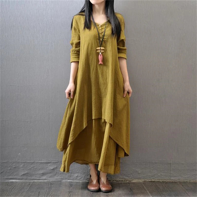 Vintage Ethnic Style Irregular Cotton Linen Dress - Palm and Thread