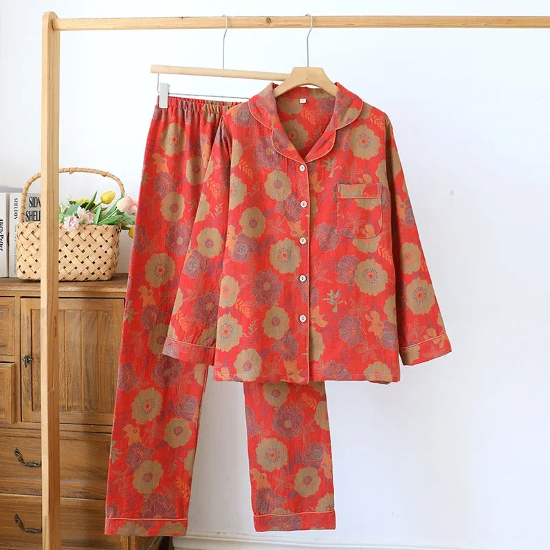 Long-sleeved trousers two-piece cotton crepe flower leaves Pajama set - Palm and Thread