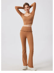 Padded Long Sleeve Crop Top & High Waist Flared Leggings
