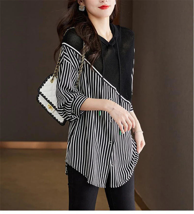 Fashion Striped Patchwork Hooded Shirt Top - Palm and Thread