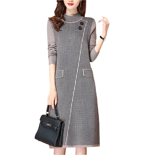 Retro Plaid Patchwork Basic Knitted Dress - Palm and Thread