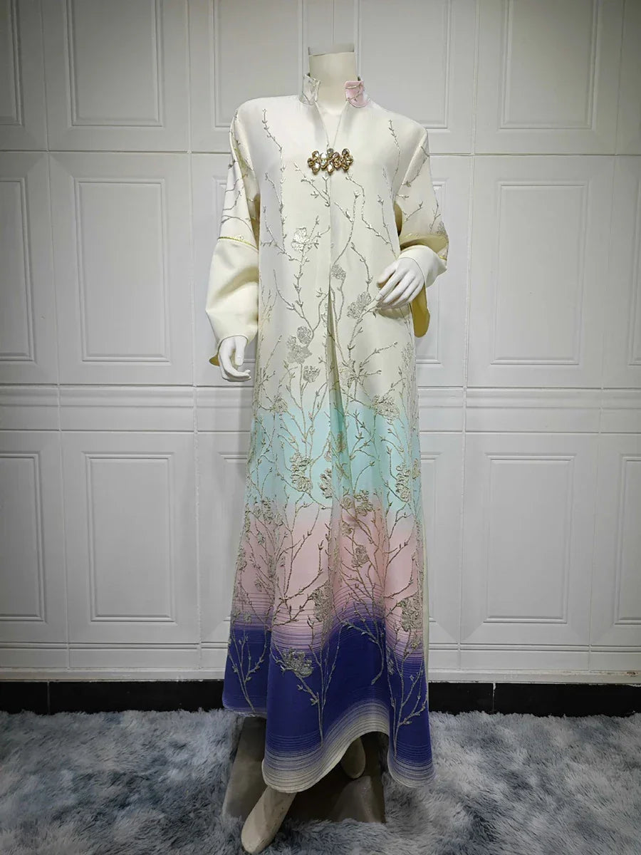 Fashion Floral Jacquard Gradient Color Elegant Long Dress Abaya - Palm and Thread