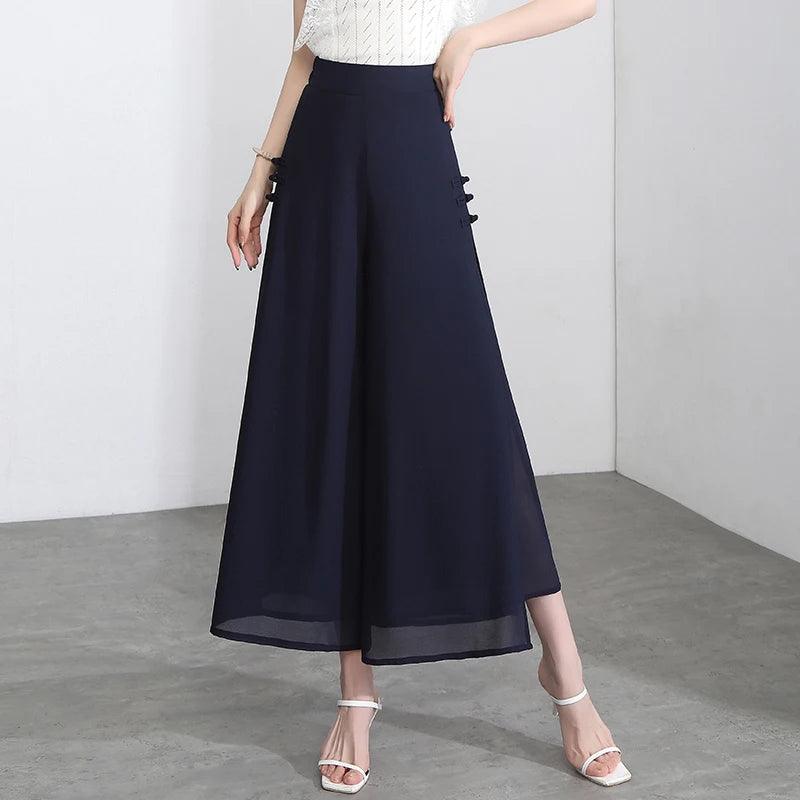 Side Slit Chiffon Thin Elastic Waist Wide Leg Pants Chic Droop - Palm and Thread