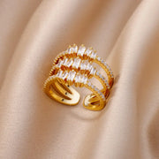 White Zircon Flower Leaf Shape Stainless Steel Ring - Palm and Thread
