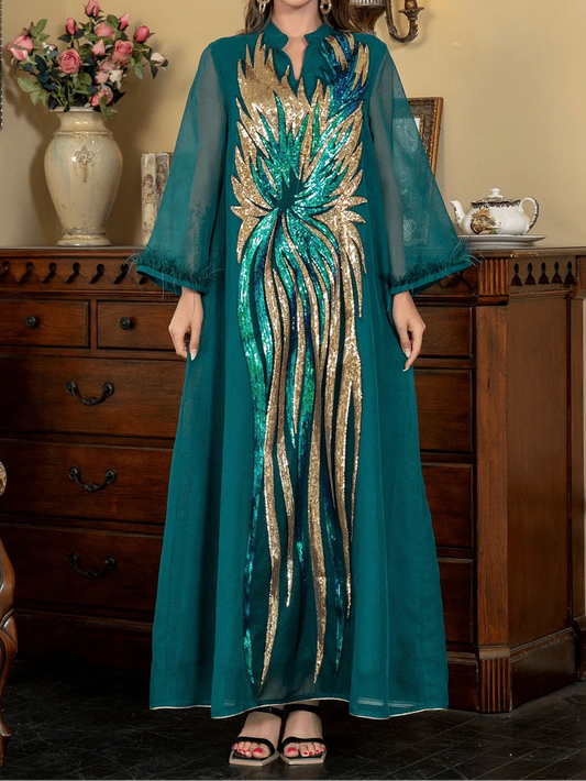 Robe V-neck Long-sleeved Dark Green Abaya - Palm and Thread