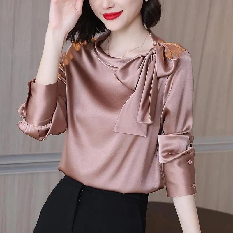 Satin Solid Bow Blouse - Palm and Thread