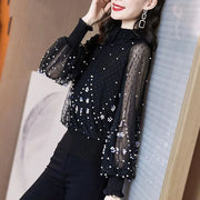 Mesh Patchwork Beaded T-Shirt Top - Palm and Thread
