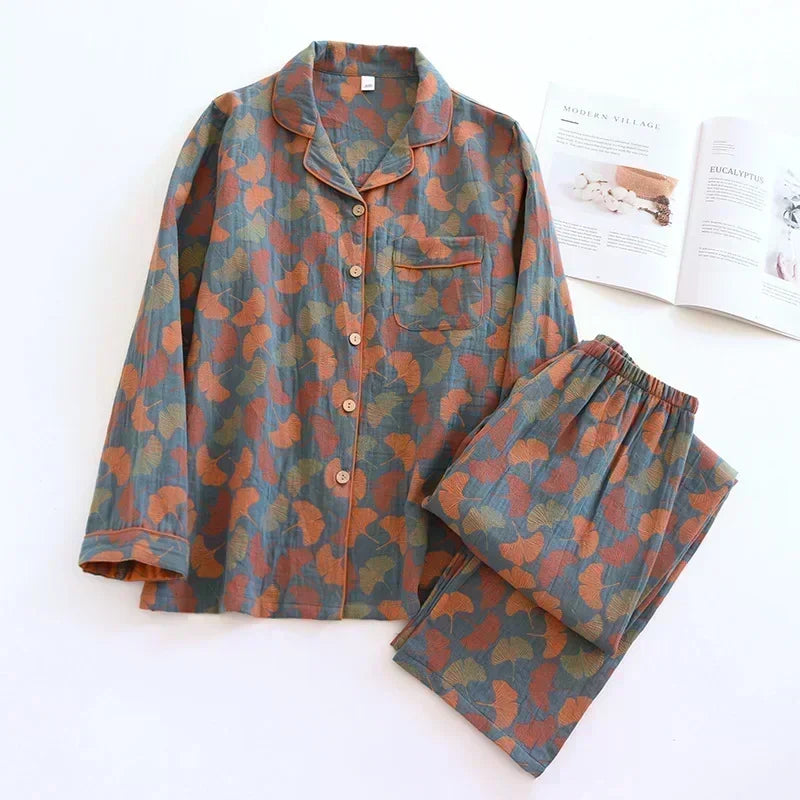 Long-sleeved trousers two-piece cotton crepe flower leaves Pajama set - Palm and Thread