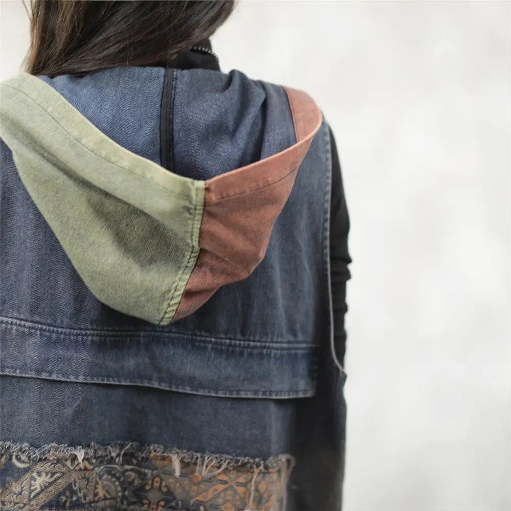 Print Patchwork Single Breasted Denim Vest Jacket - Palm and Thread