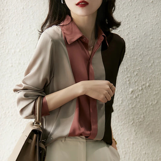 Satin Button New Vintage Long Sleeve Polo Collar Blouse