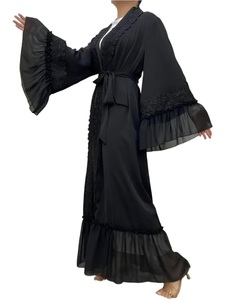 Black Abaya Embroidery Flare Sleeve with Belt - Palm and Thread