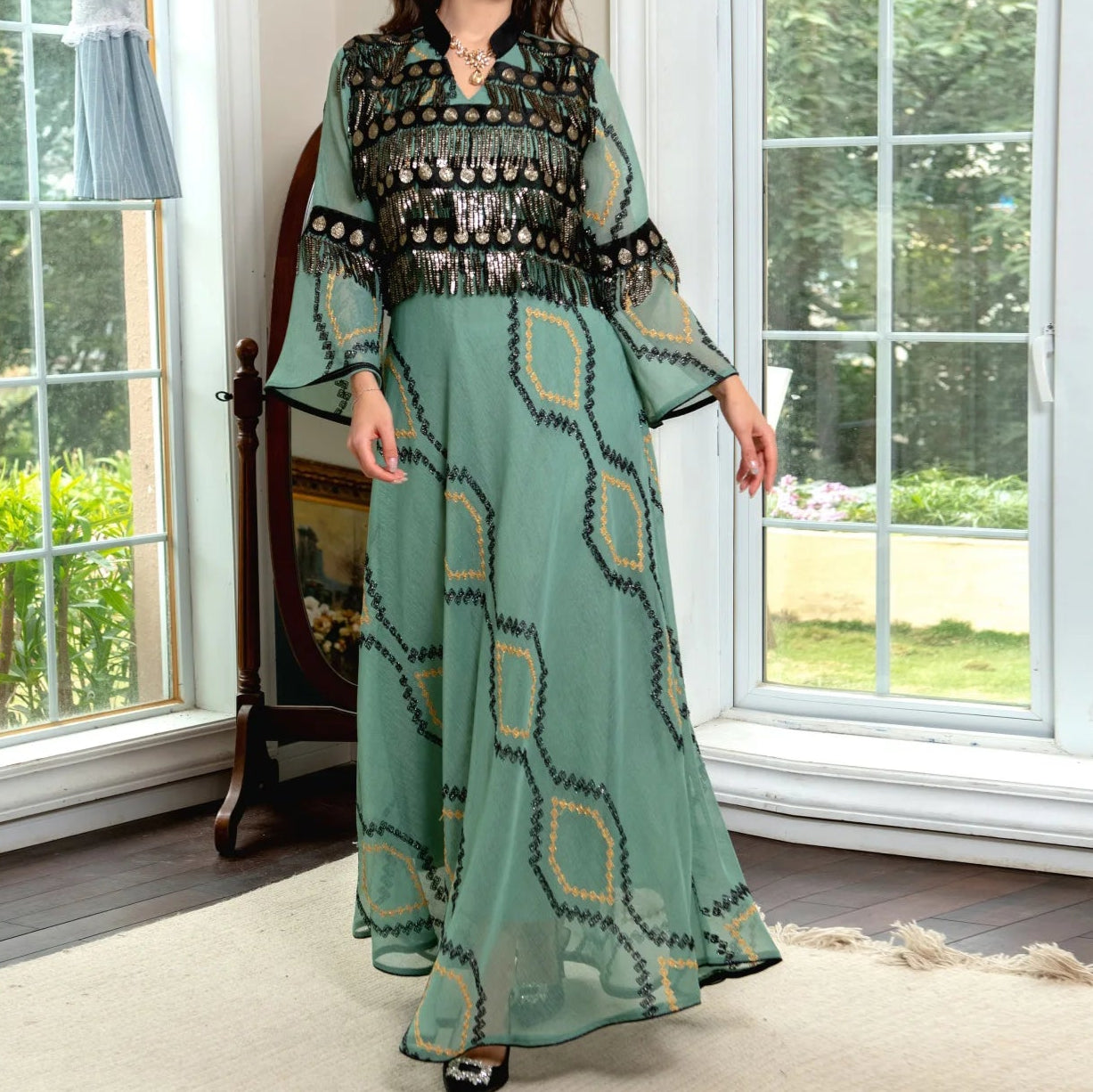 Sequins Embroidery Maxi Dress Abaya - Palm and Thread