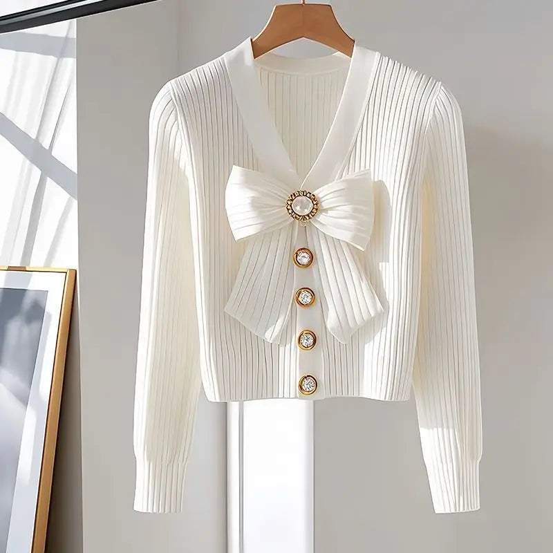 Luxury Chic Bow Beaded Button Cardigan Top - Palm and Thread