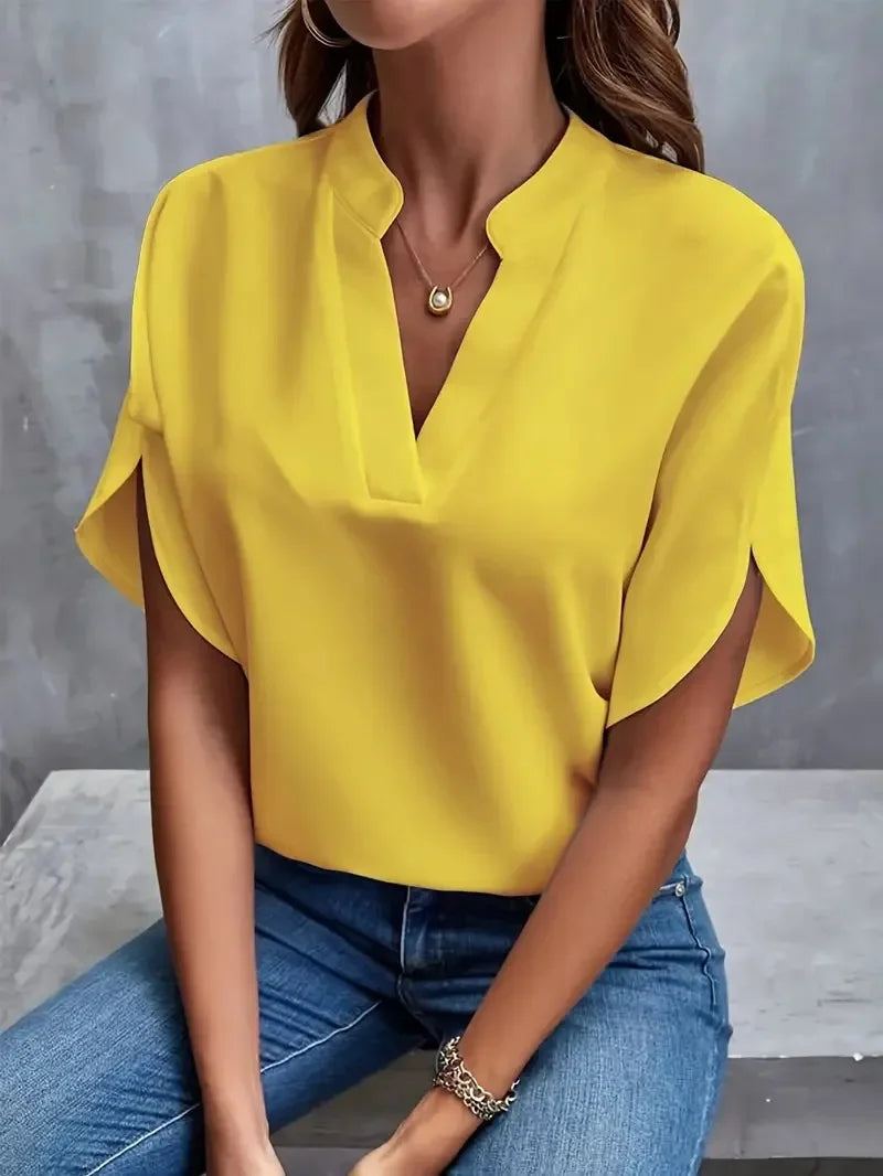 Elegant Blouse New V-neck Short Sleeve Solid Color Loose Shirt - Palm and Thread