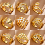 Zircon Cristal Geometric Stainless Steel Gold Color Adjustable Finger Ring - Palm and Thread