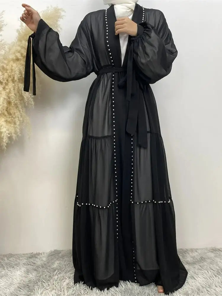 Beaded lace-up chiffon Cardigan Abaya - Palm and Thread