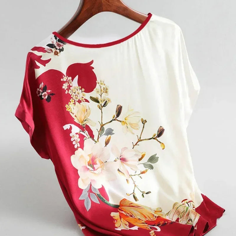 Silk Satin Floral Print O Neck Short Sleeve Casual Office Top - Palm and Thread
