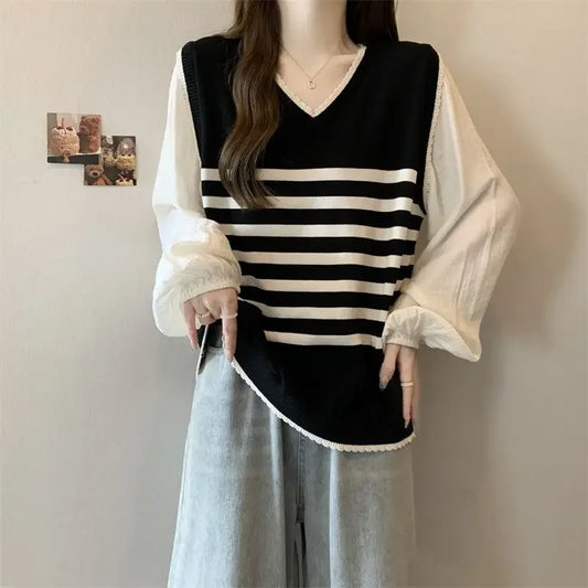 V-neck Fake Two-piece Striped Sweater - Palm and Thread