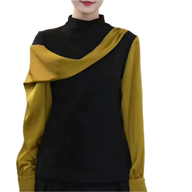 Patchwork Asymmetrical Half High Collar Blouse - Palm and Thread