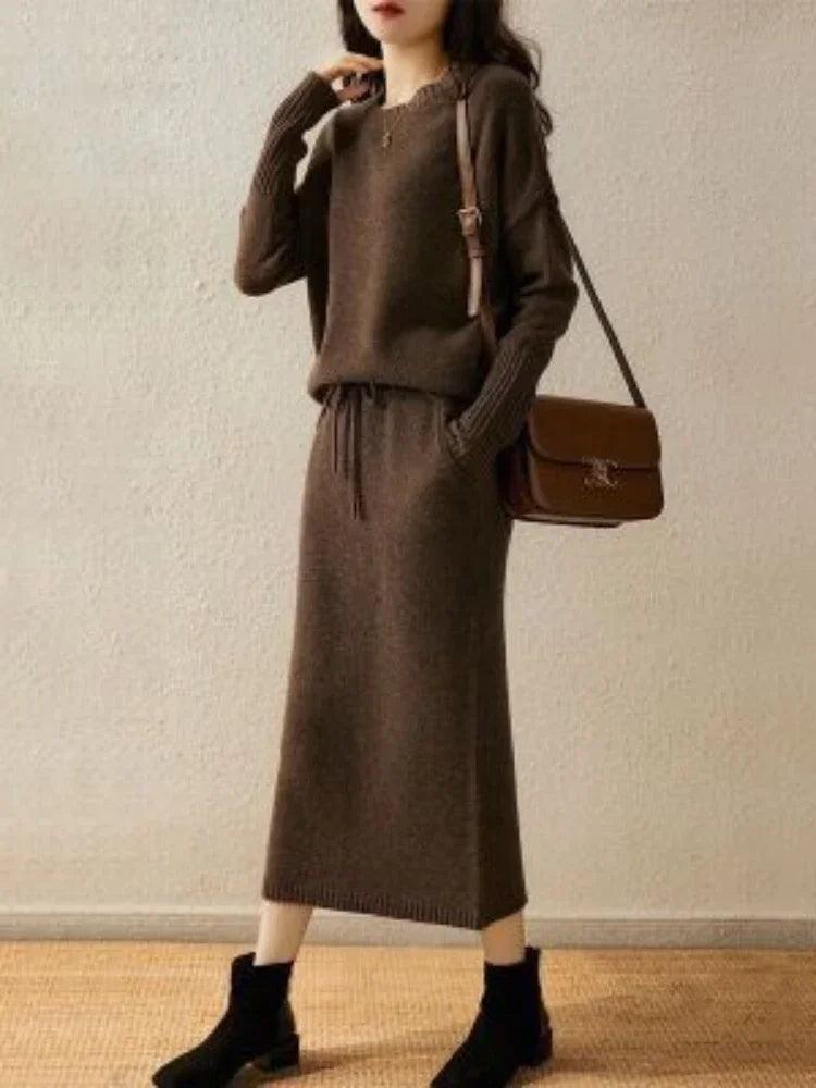 Solid Knitted Loose Pullover Sweater Skirt Matching Set - Palm and Thread