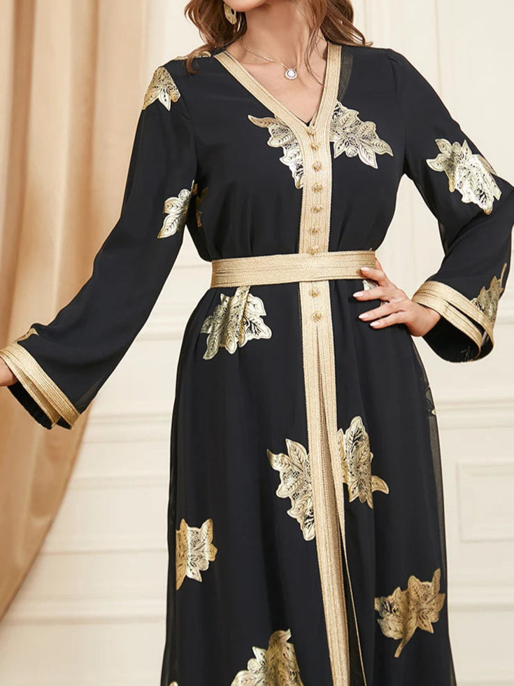 Gold Black Stamping Abaya Dress - Palm and Thread