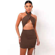 Sexy Brown Cross Halter Cut-Out Mini Dress