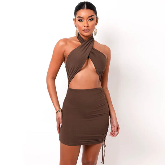 Sexy Brown Cross Halter Cut-Out Mini Dress
