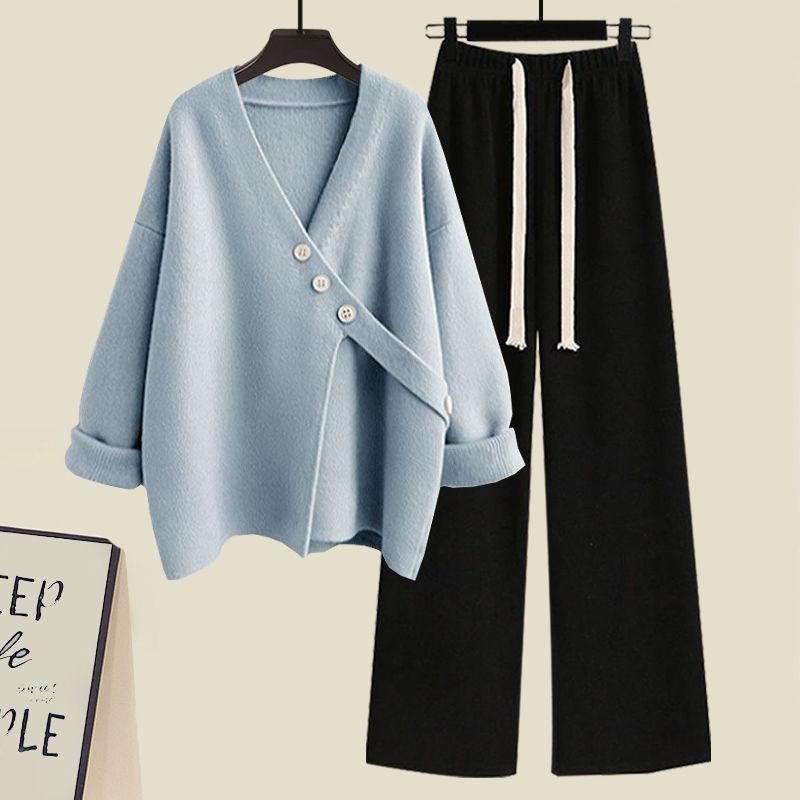 New Casual Matching Set Elegant Irregular Knit Sweater+Loose Wide Leg Pant Suit - Palm and Thread