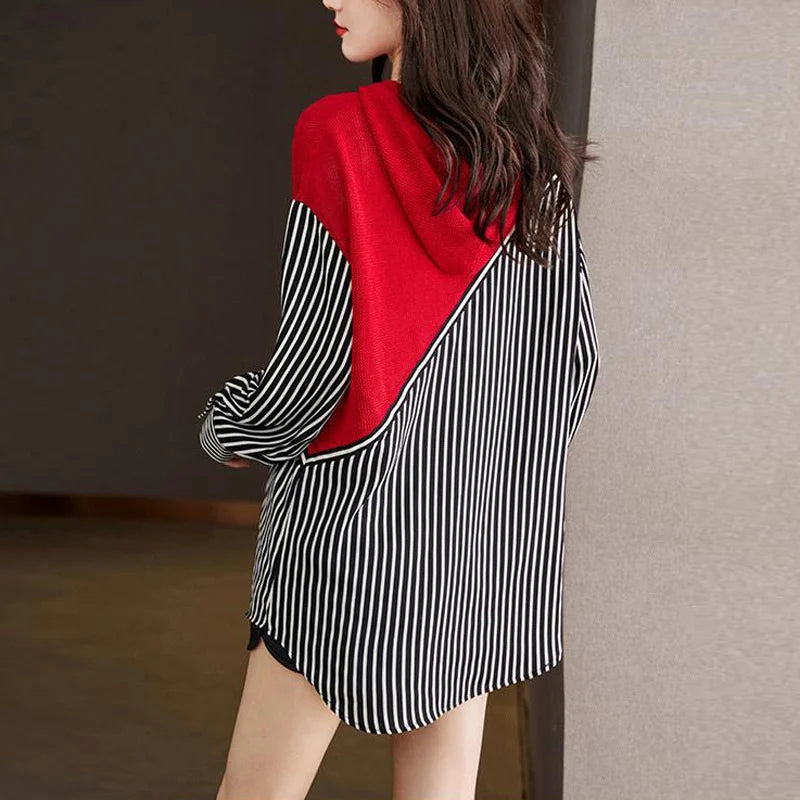 Fashion Striped Patchwork Hooded Shirt Top - Palm and Thread