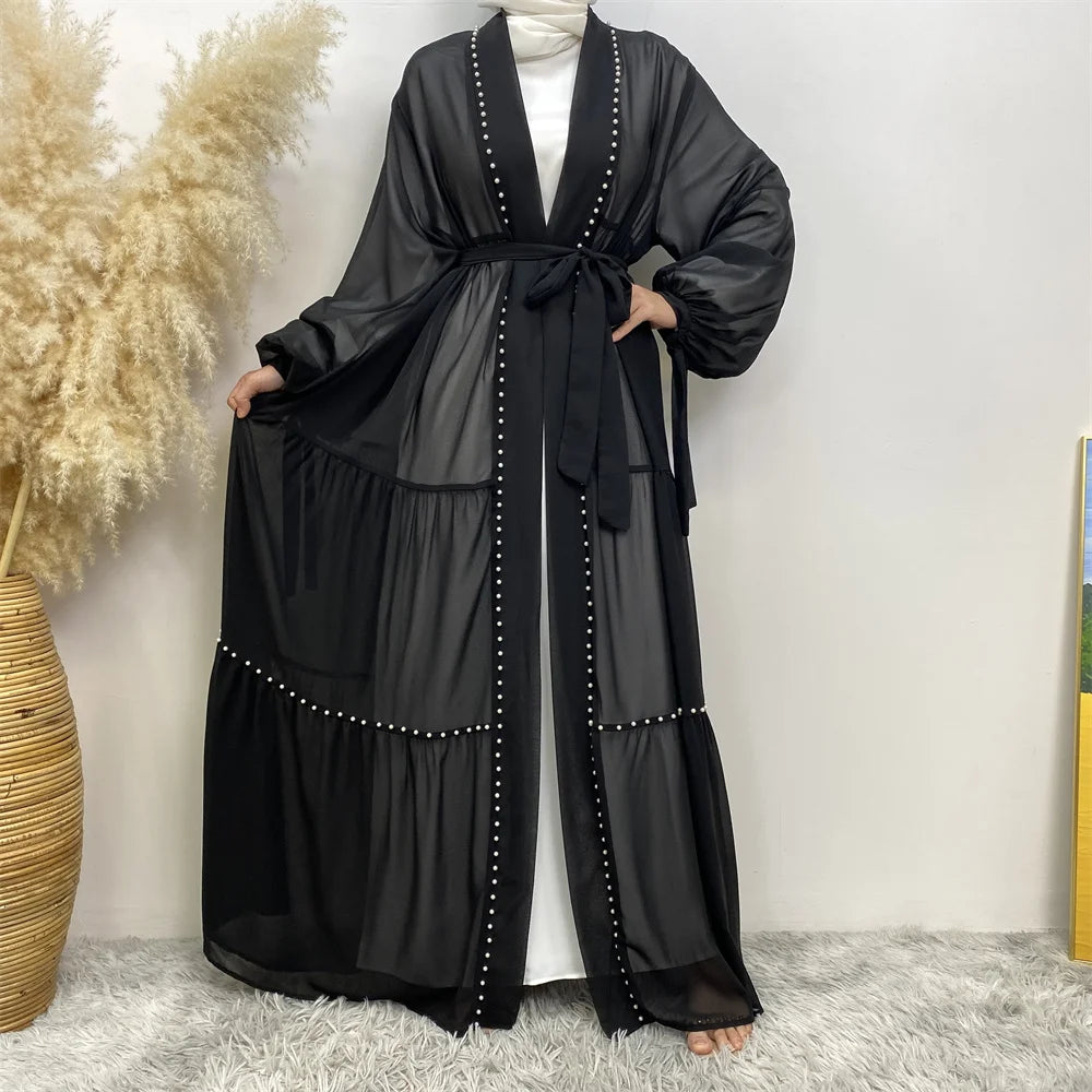 Beaded lace-up chiffon Cardigan Abaya - Palm and Thread