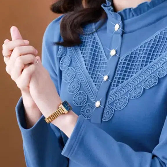 Elegant Ruffle Lace Slim Long Sleeve T-Shirt - Palm and Thread