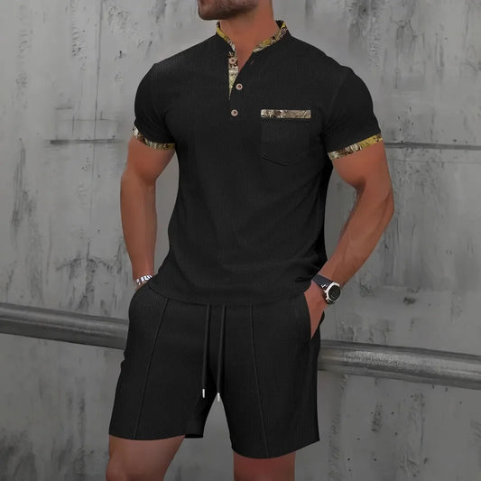Waffle zip-up lapel short-sleeve suit shorts set - Palm and Thread