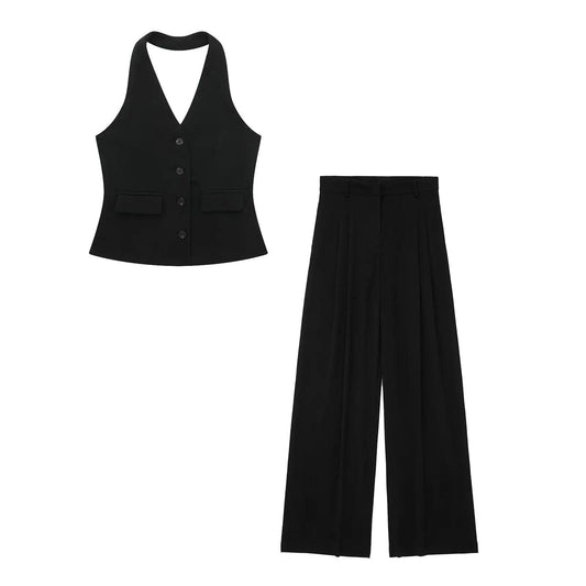 Sleeveless Halter Vest+ Zipper Pockets Pant Matching Set - Palm and Thread