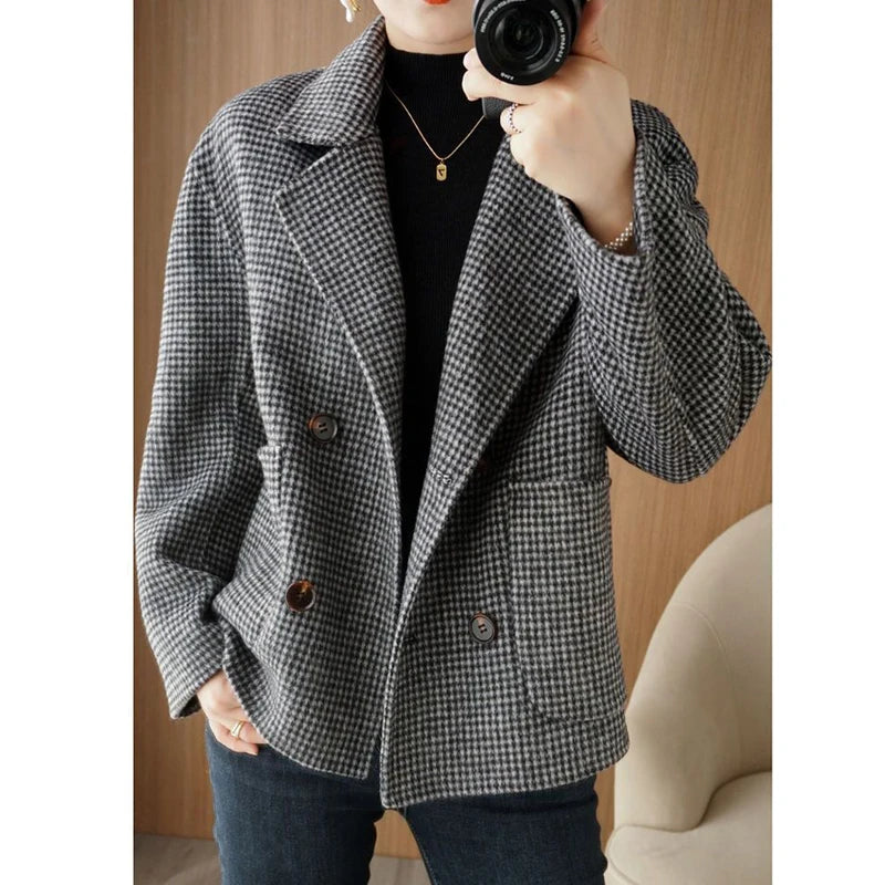 Vintage Plaid Double-sided Woolen Notched Collar Loose Jacket - Palm and Thread