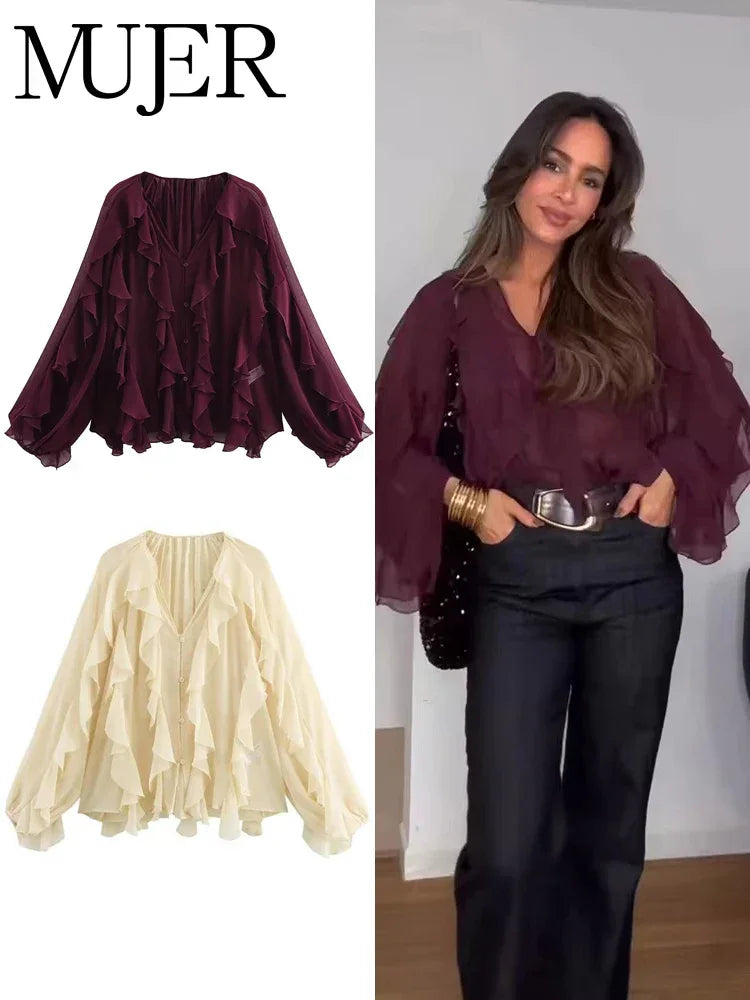 Ruffle Semi Sheer Blouse - Palm and Thread