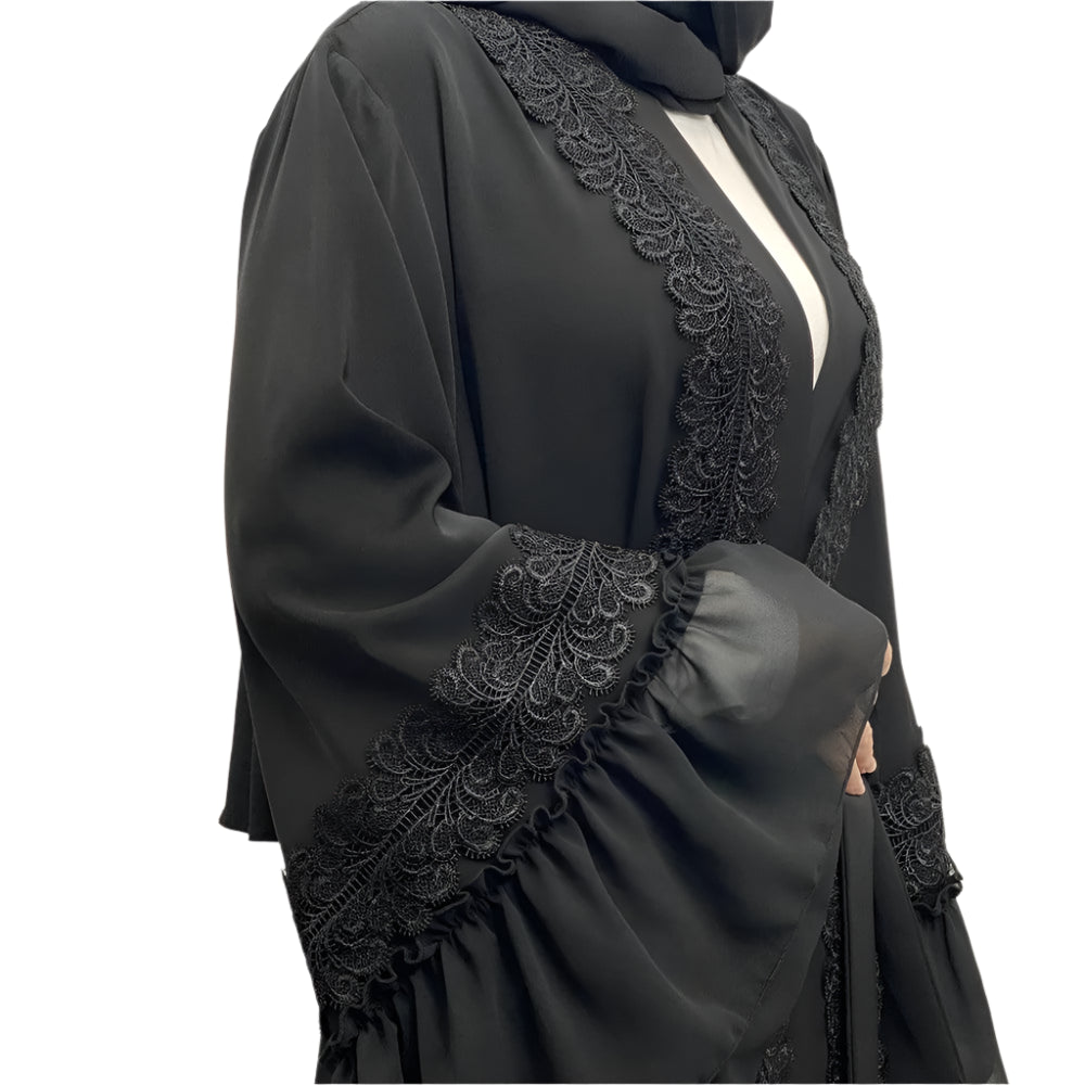 Black Abaya Embroidery Flare Sleeve with Belt - Palm and Thread