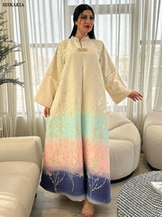 Fashion Floral Jacquard Gradient Color Elegant Long Dress Abaya - Palm and Thread