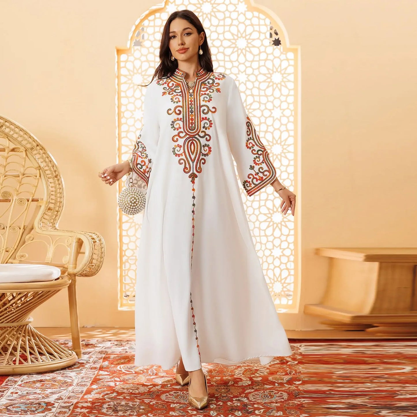 Elegant Long Sleeve V-neck Embroidery Abaya - Palm and Thread