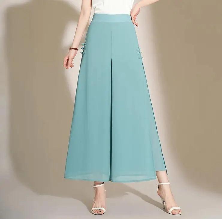 Side Slit Chiffon Thin Elastic Waist Wide Leg Pants Chic Droop - Palm and Thread