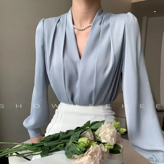 Long Sleeve V Neck Solid Chiffon Top - Palm and Thread