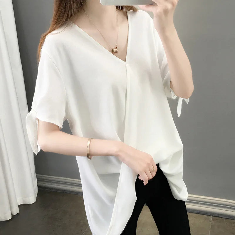 V Neck Hollow Bow Blouse - Palm and Thread