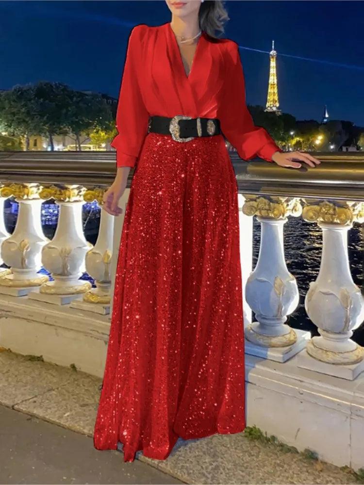 V-neck Long Sleeved Elegant V-neck Waist Sequin Wide Leg Jumpsuit - Palm and Thread