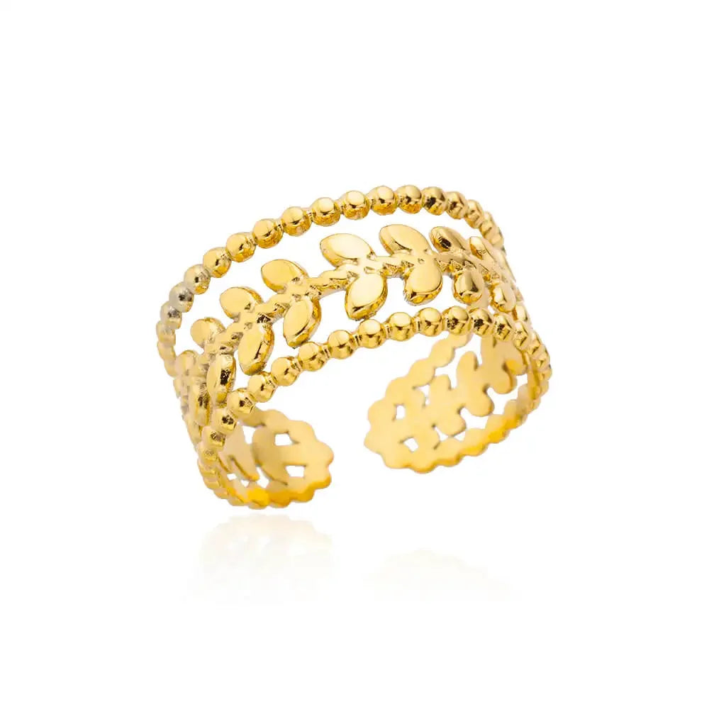 White Zircon Flower Leaf Shape Stainless Steel Ring - Palm and Thread