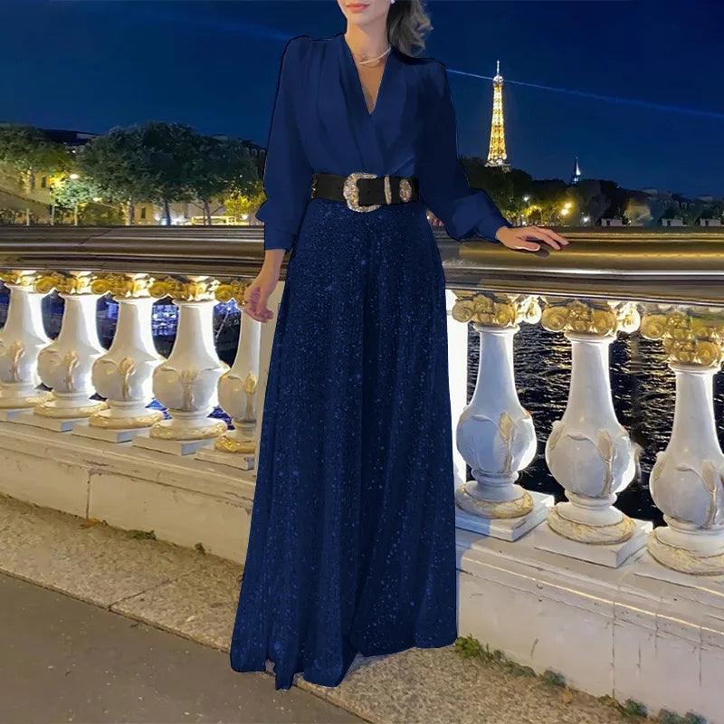 V-Neck Long Sleeved Elegant Jumpsuit - Palm and Thread