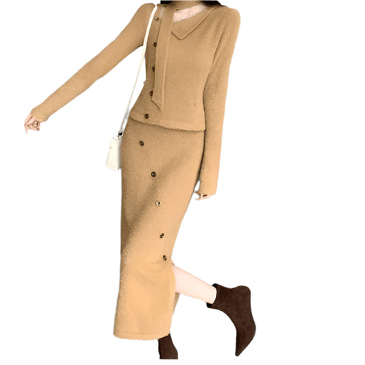 Long Sleeve Knitted Top + High Waist Split Skirt Suit - Palm and Thread