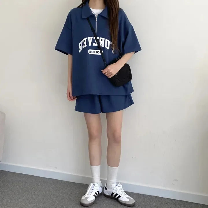 Cotton Ease Zip-Up Polo Shorts Set