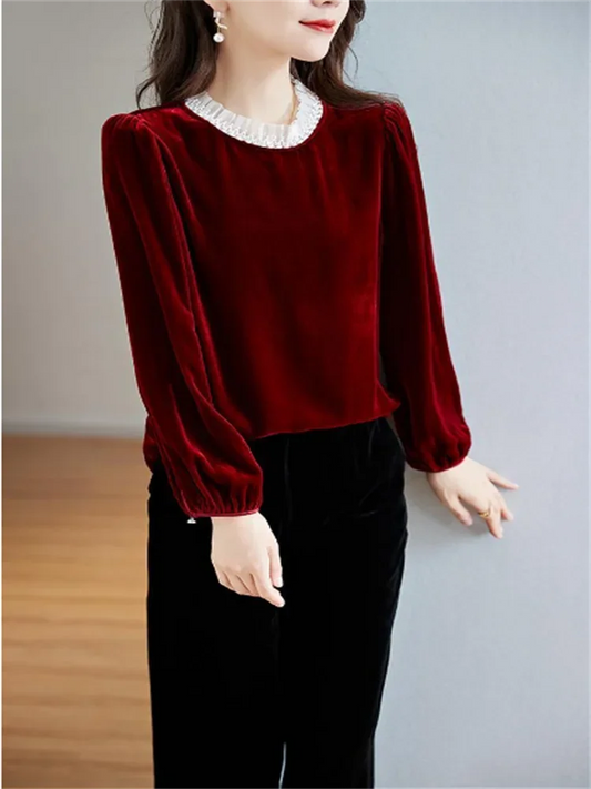 Gold Velvet Top Fold Flounce Pullover