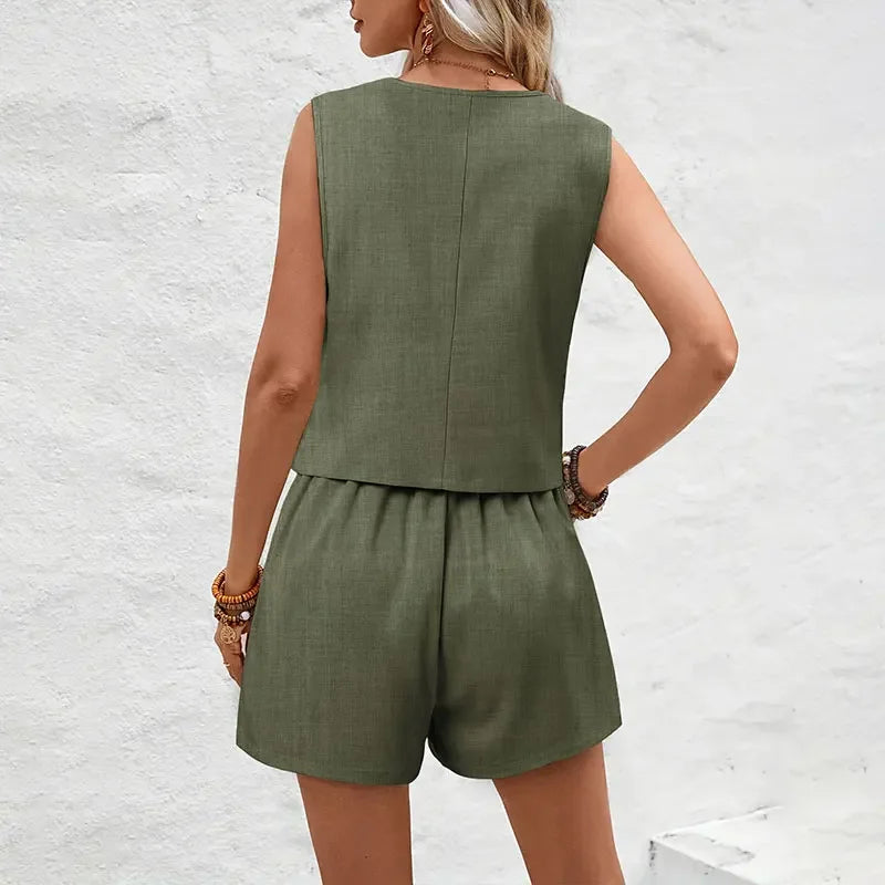 Elegant Solid Waistcoat Shorts Set - Palm and Thread